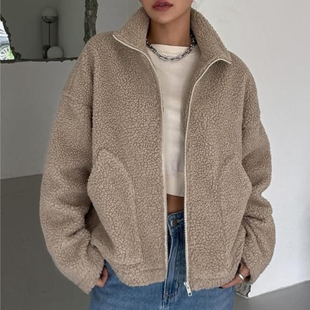 Damen Lammwolljacke – Kuschelige Winterjacke Damen mit Stehkragen